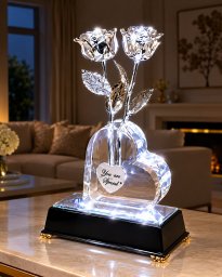 2 Illuminated 8" Silver Roses in Personalized Heart Vase
